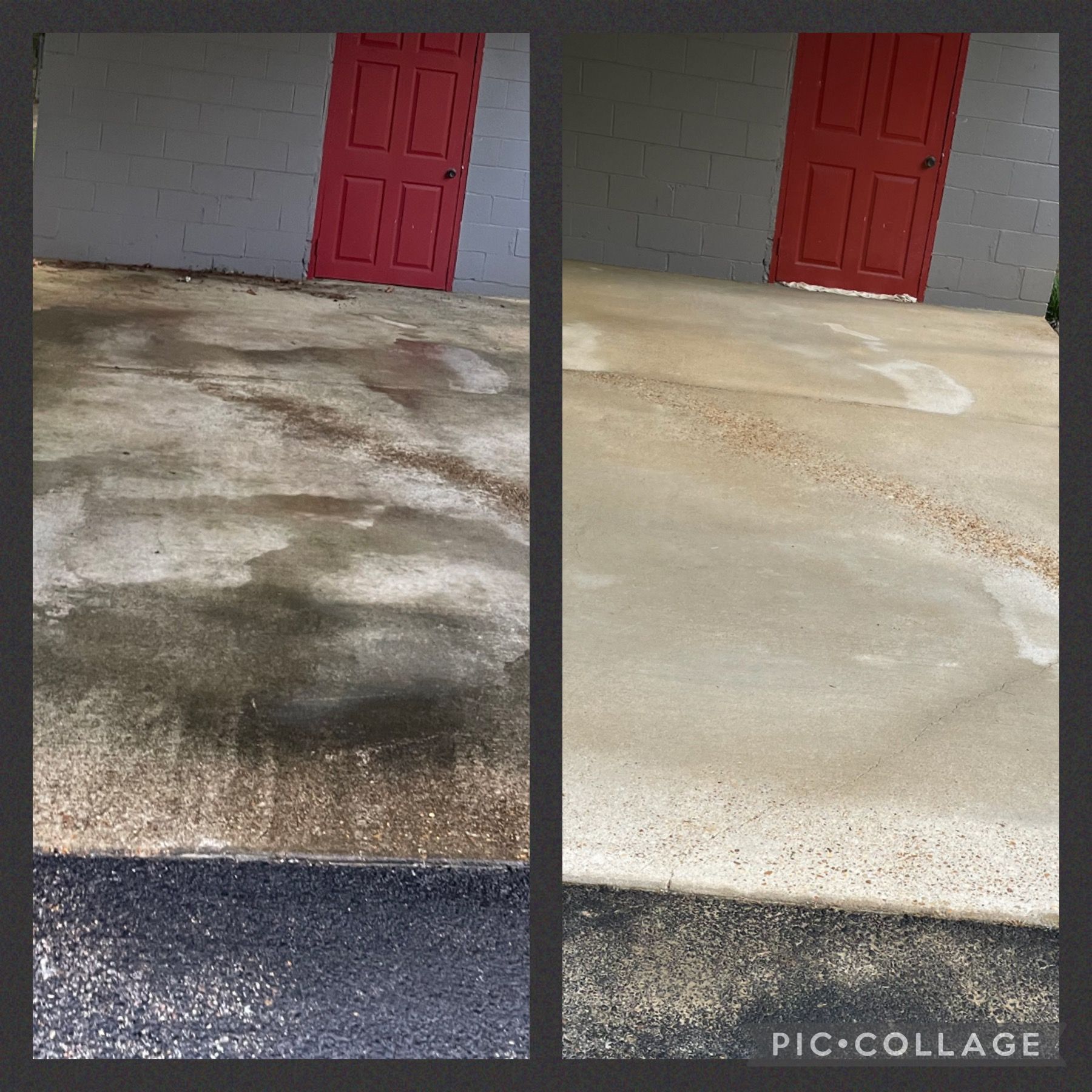 Before and after of a concrete floor. The left side is dirty; the right side is clean. A red door is in the background.
