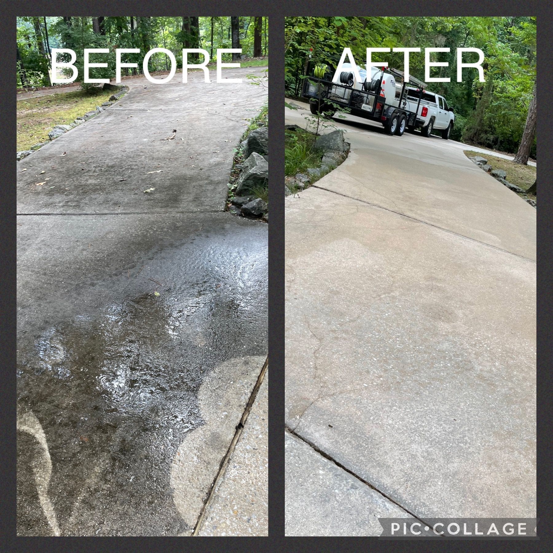 Driveway before and after power washing; showing significant stain removal.
