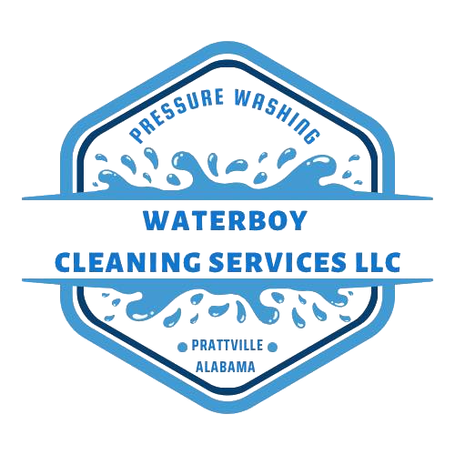 Logo for Waterboy Cleaning Services LLC, blue hexagon with water splash design and company name. Located in Prattville, Alabama.