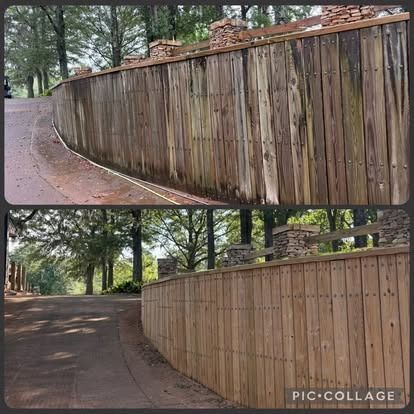 Comparison of a wooden fence before and after cleaning; shows the difference in color and cleanliness.