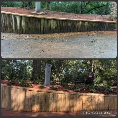 Before and after of a wooden retaining wall. Top shows weathered wall and concrete. Bottom shows wall with plants and fresh mulch.