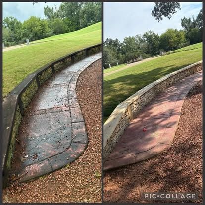Before and after photo of a winding, brick pathway with a retaining wall, showing cleaning result.