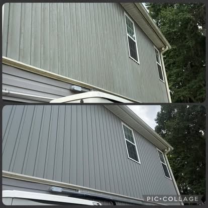 Before and after comparison of a two-story house with gray siding. The bottom image shows cleaned siding.