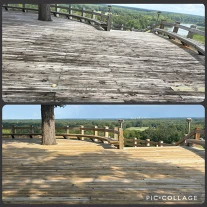 Top: dirty wooden deck. Bottom: clean wooden deck with benches, overlooking a green landscape.