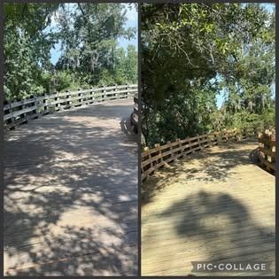 Wooden bridge before and after cleaning, surrounded by trees and a wooden fence.