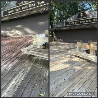 Power washed wooden deck before/after with sign for Robert Trent Jones Golf Trail.