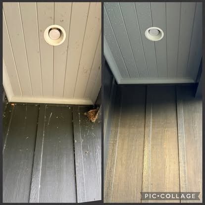 Two photos side-by-side: before and after cleaning of a wood porch ceiling and floor, painted light gray and dark green, respectively.