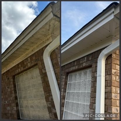 Comparison of dirty and cleaned gutter and brick exterior.