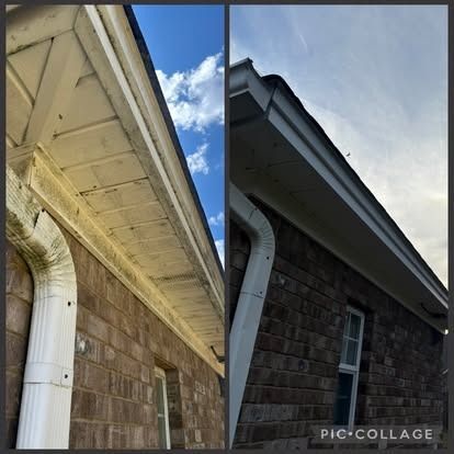Split-screen showing before/after of cleaned house exterior. Left side is dirty; right side is clean. Blue sky above.