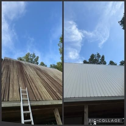 Before-and-after of a metal roof. One side is rusty, the other is clean and silver. Blue sky overhead.