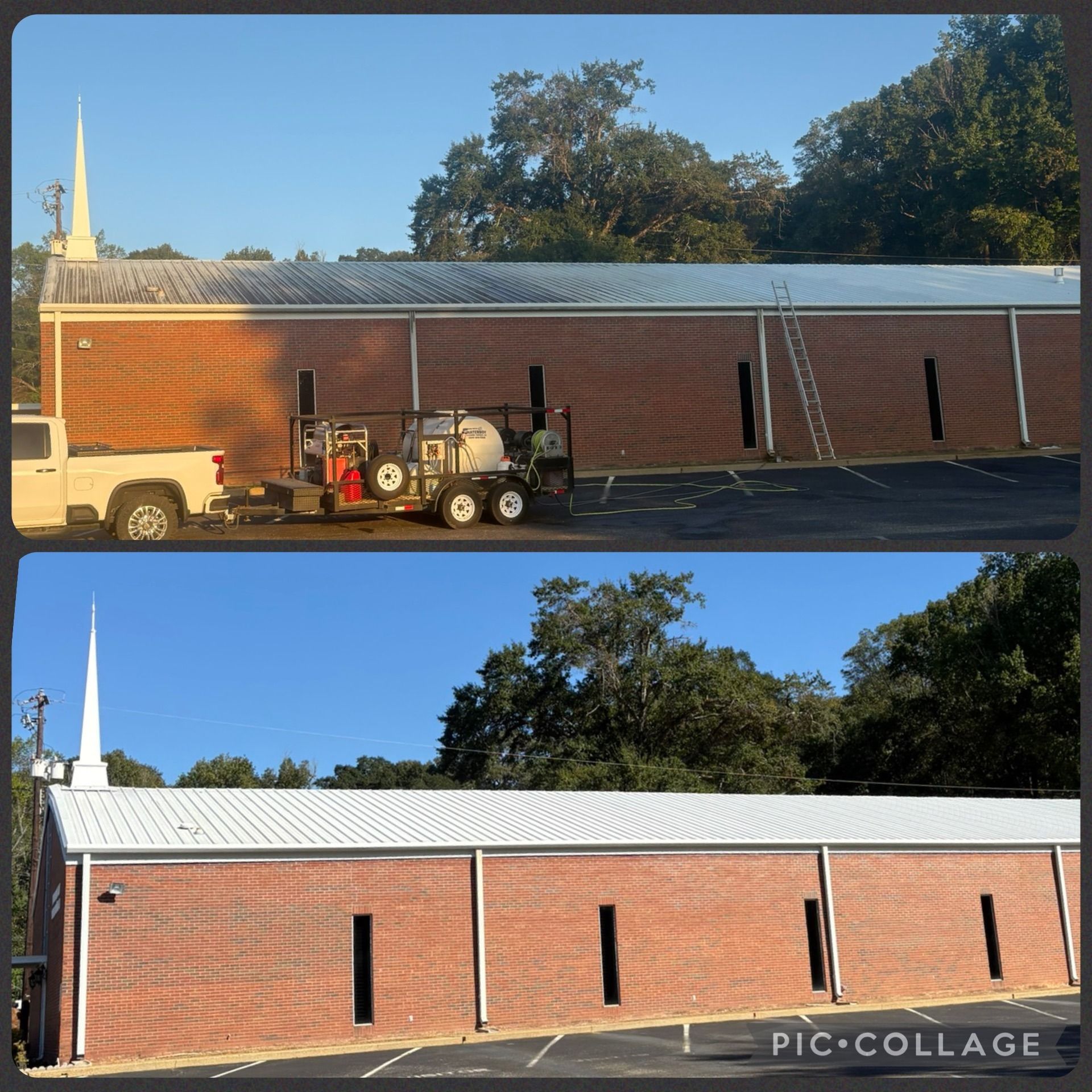 Before and after of church building cleaning; top shows dirty roof and brick, bottom shows clean.