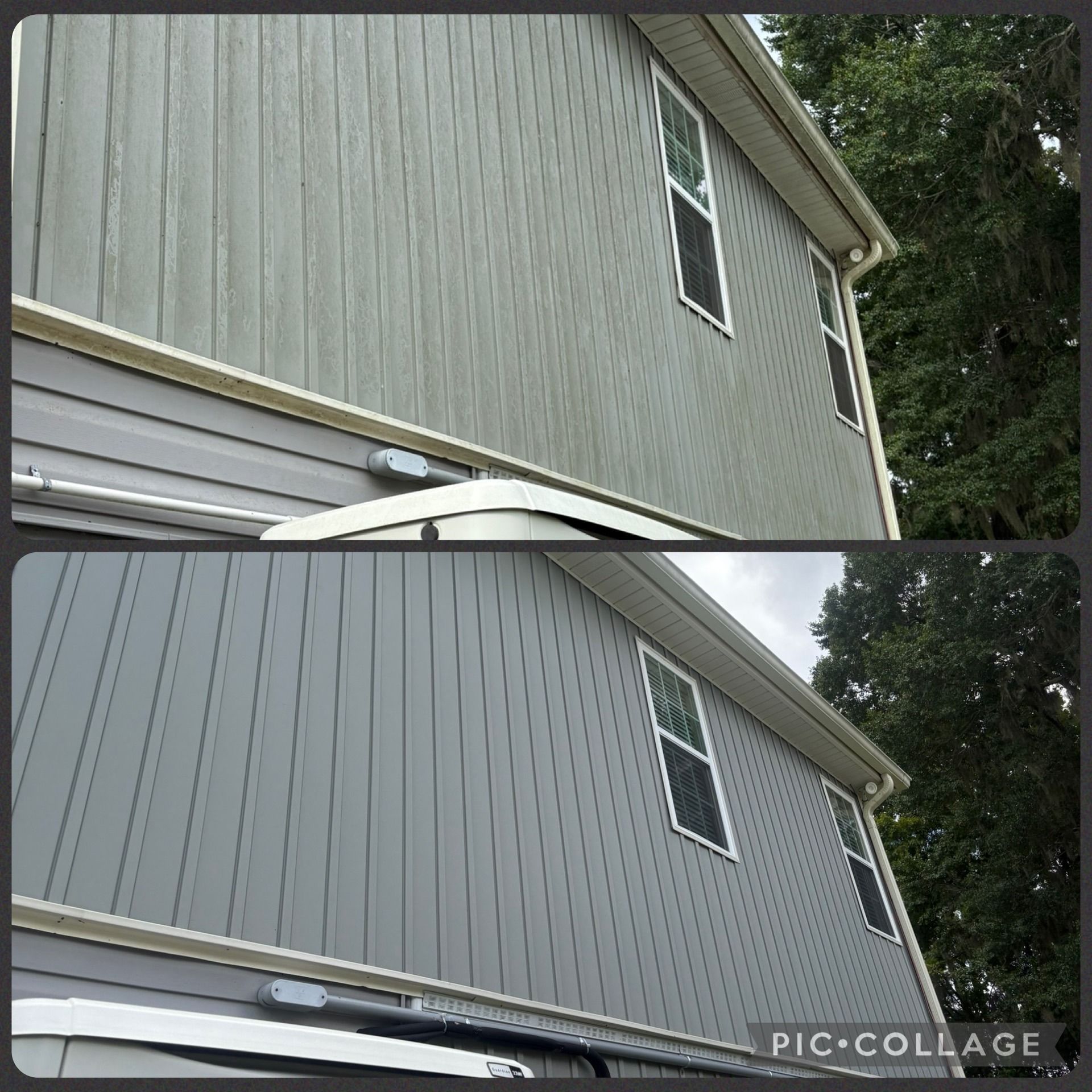 Two-story house with siding. Top half shows dirty siding, bottom half shows clean siding.