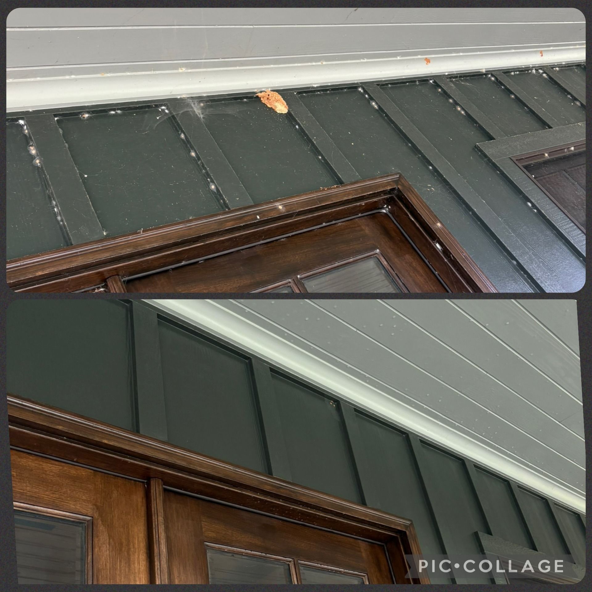 Before and after of wood trim and siding: dark green siding, brown trim, then light green trim and siding.
