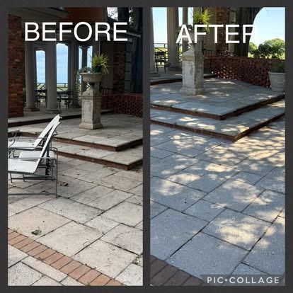 Comparison of a patio before and after cleaning: a sunny outdoor setting with brick and stone.