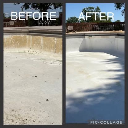 Comparison of a pool before and after cleaning: stained concrete, then clean and bright.