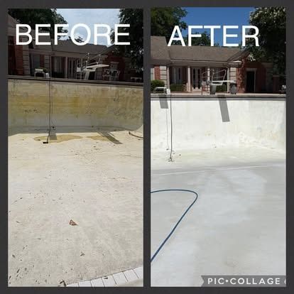 Before-and-after photos of a drained swimming pool.  The “before” shows a dirty pool; the “after” is a cleaned pool.
