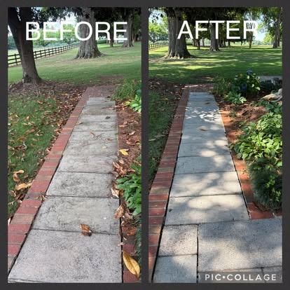 Comparison of a before and after view of a brick-lined stone walkway, showing cleaning results, set in a grassy yard.