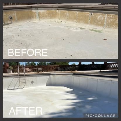 Comparison of a pool before and after cleaning: Grimy interior transforms to clean white.