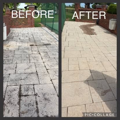 Comparison of a patio before and after cleaning: dirty, stained paving stones contrasted with clean, lighter-colored stones.