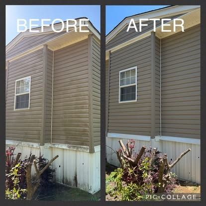 Before and after of a house's siding, cleaned; showing a significant difference in cleanliness, with white trim and brown siding.