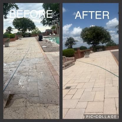 Before and after photos of a patio cleaning. Gray stone patio cleaned, brick trim and pool in background.