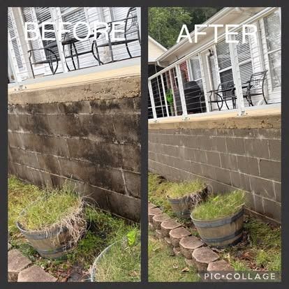 Before and after of a building's concrete foundation cleaned to remove dirt and grime.
