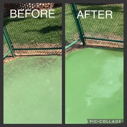 Before-and-after of a green painted area near a fence. The 