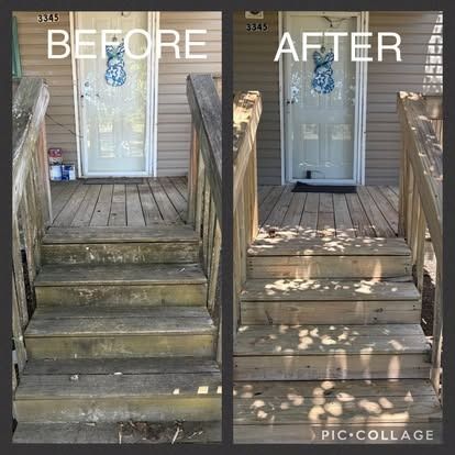 Before-and-after of weathered wooden porch steps and deck cleaned.