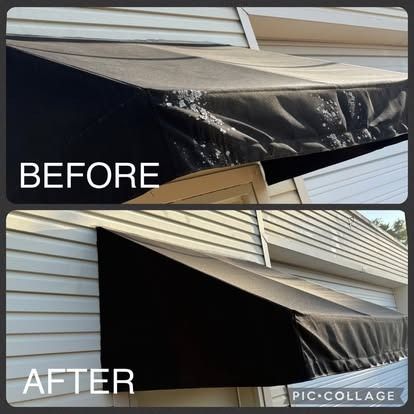 Before and after photos of a black awning replacement. The 