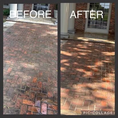 Comparison: Brick walkway before and after cleaning. The 