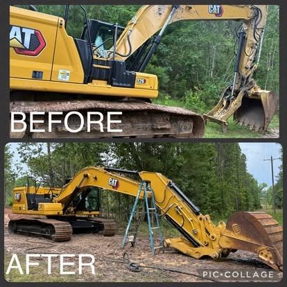 Before and after photos of a yellow CAT excavator. The machine is in a wooded area, showing its condition before and after cleaning.