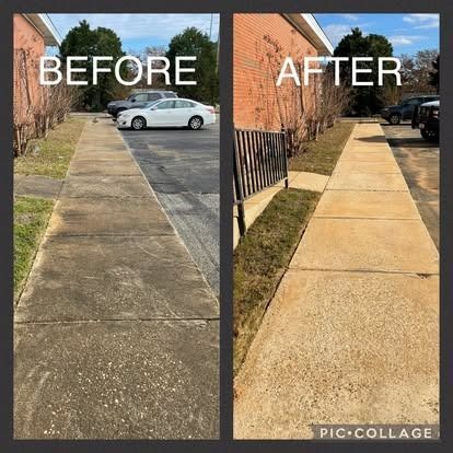 Comparison of a dirty sidewalk (before) and a clean sidewalk (after), alongside a building and parked cars.