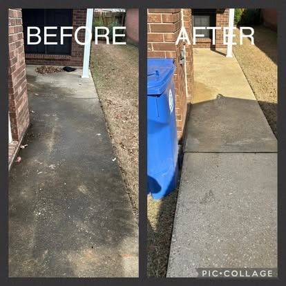 Before and after photos of a concrete walkway. Left side is dirty; right side is clean after power washing.