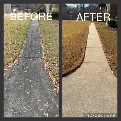 Before-and-after of a concrete walkway. Left: dirty, with leaves. Right: clean, light-colored.