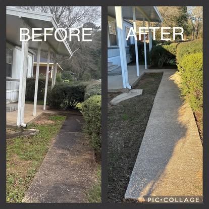 Before-and-after of a concrete walkway. Left side is dirty; right side is clean. Bushes on either side.