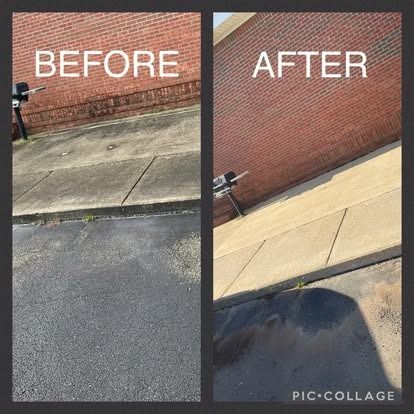 Comparison: sidewalk and brick wall before and after cleaning. Noticeably brighter and cleaner.