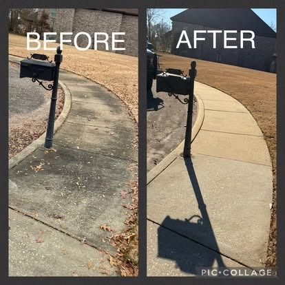 Before/After showing pressure washed walkway. Concrete walkway is clean on the right. Black mailbox in both images.