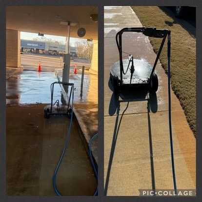 Two views of a surface cleaner in action. One indoors, one outdoors, cleaning a concrete surface.