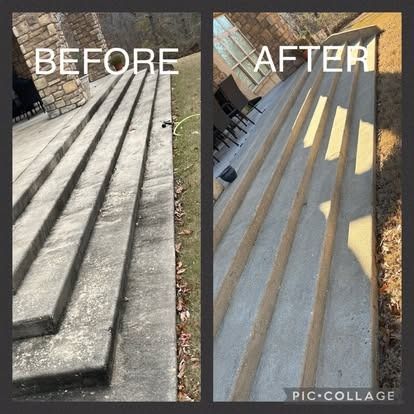 Comparison of concrete steps before and after cleaning; steps appear much cleaner.