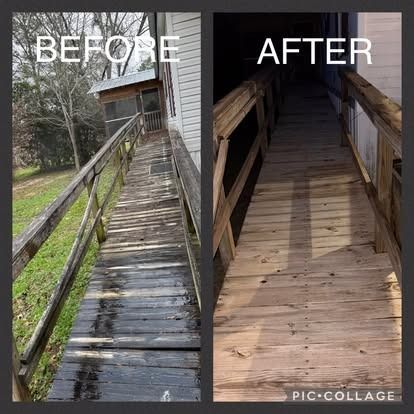 Comparison of a wooden ramp before and after cleaning. The 