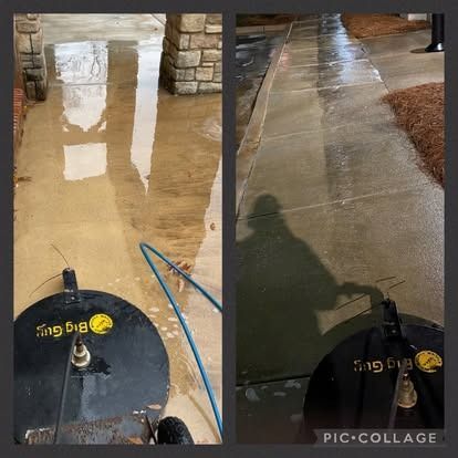 Two photos side-by-side show a sidewalk before and after pressure washing.