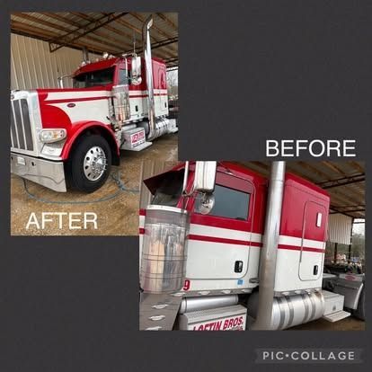 Before and after photo of a red, white, and silver semi-truck, parked under a shelter.