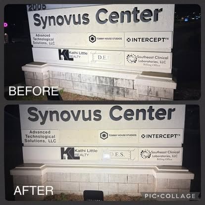 Side-by-side comparison of a building sign before and after cleaning, labeled 
