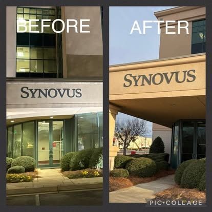 Before/after comparison of the Synovus building exterior. The 