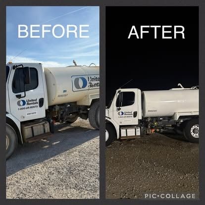 Side-by-side comparison of a United Rentals tanker truck: daytime on the left, nighttime on the right.