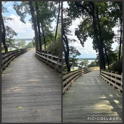 Two views of a wooden bridge curving through a wooded area, with water visible in the background.