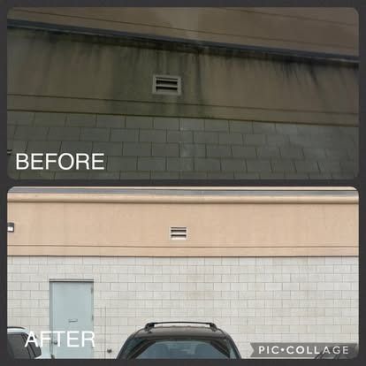 Before and after view of a building's exterior. Top shows algae and dirt, bottom is clean.