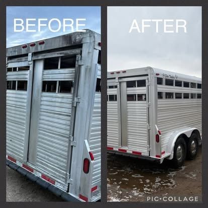 Before and after of a horse trailer. The left shows a dirty trailer; the right shows a clean, shiny trailer.