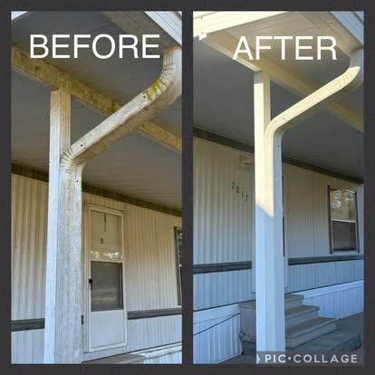 Comparison: Before and after cleaning of a mobile home's exterior, showing a dirty porch compared to a clean, white porch.