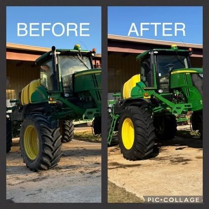 Before and after comparison of a green John Deere tractor; left is dirty, right is clean.